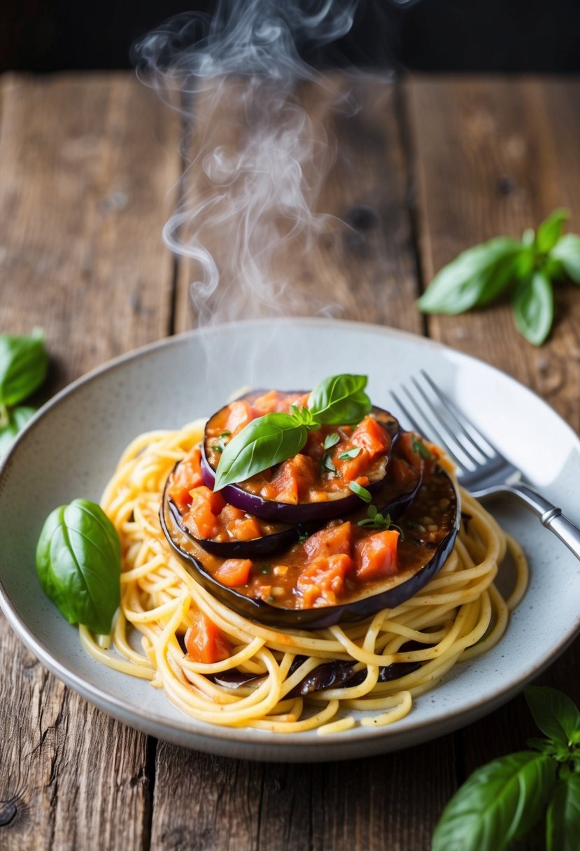 A steaming plate of spaghetti with eggplant and tomato sauce, garnished with fresh basil leaves on a rustic wooden table