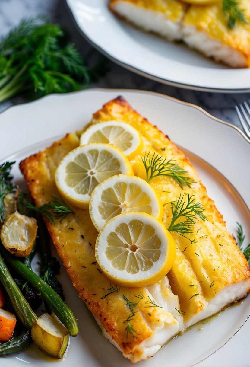 A golden-brown baked cod fillet, garnished with fresh lemon slices and dill, sits on a white porcelain plate next to a side of roasted vegetables