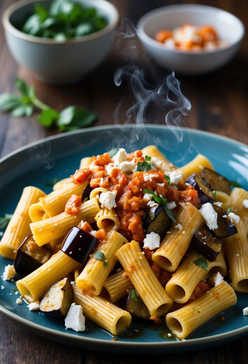 A steaming plate of rigatoni pasta mixed with chunks of eggplant and crumbled feta cheese, drizzled with a savory tomato-based sauce