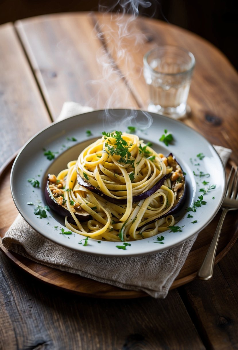 A steaming plate of linguine with eggplant and garlic, garnished with fresh herbs, sits on a rustic wooden table