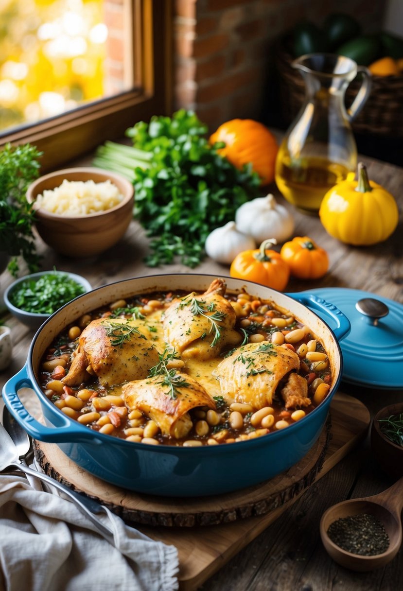 A rustic Tuscan kitchen with a bubbling casserole dish of baked chicken, beans, and herbs, surrounded by fresh produce and a warm, inviting ambiance