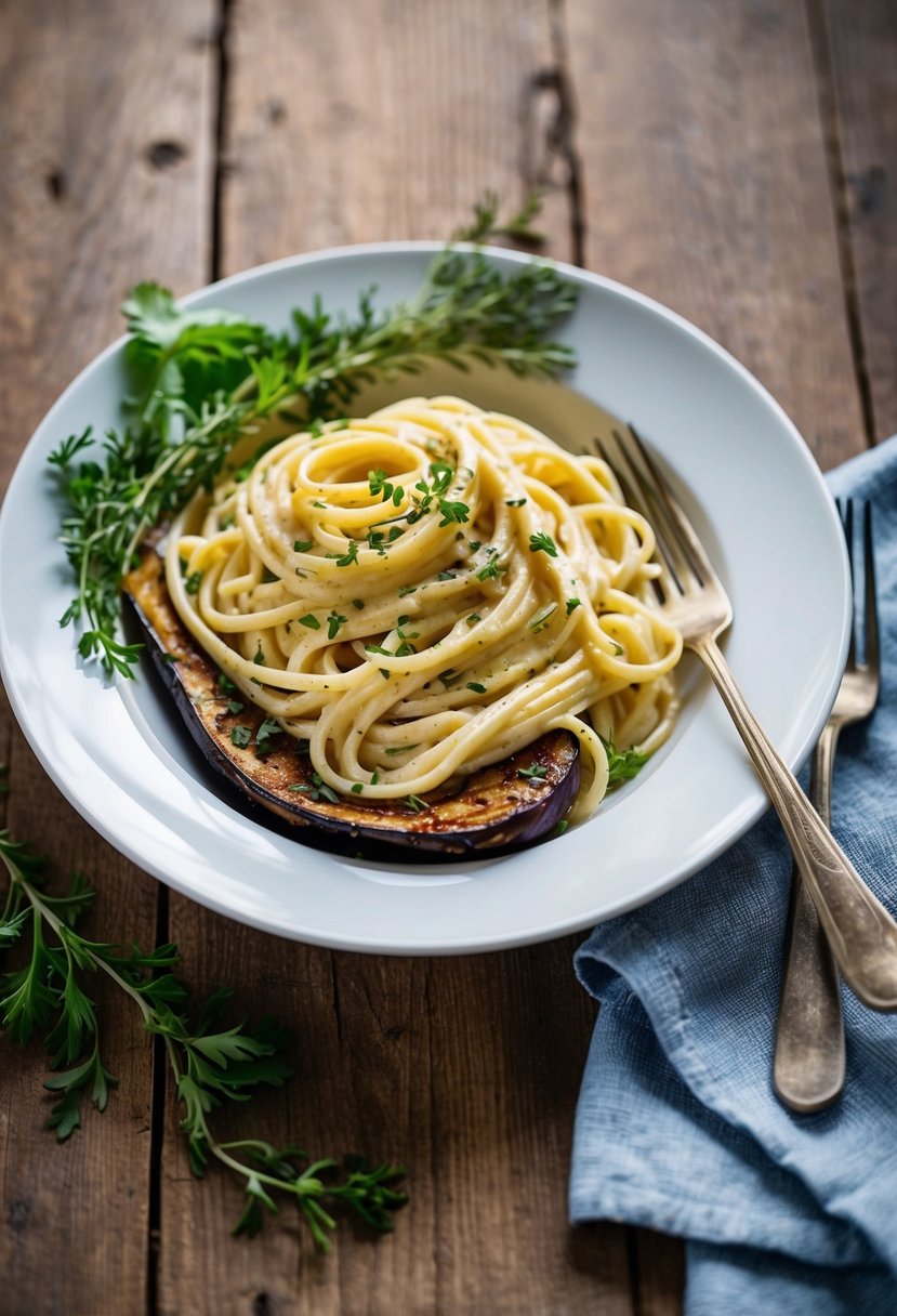 A plate of creamy Alfredo pasta with roasted eggplant, garnished with fresh herbs on a rustic wooden table