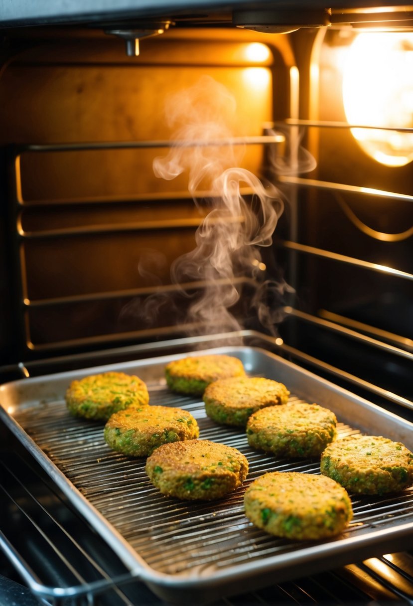 A tray of golden falafel sits on a wire rack in a glowing oven. Steam rises as the crispy, aromatic patties cook to perfection