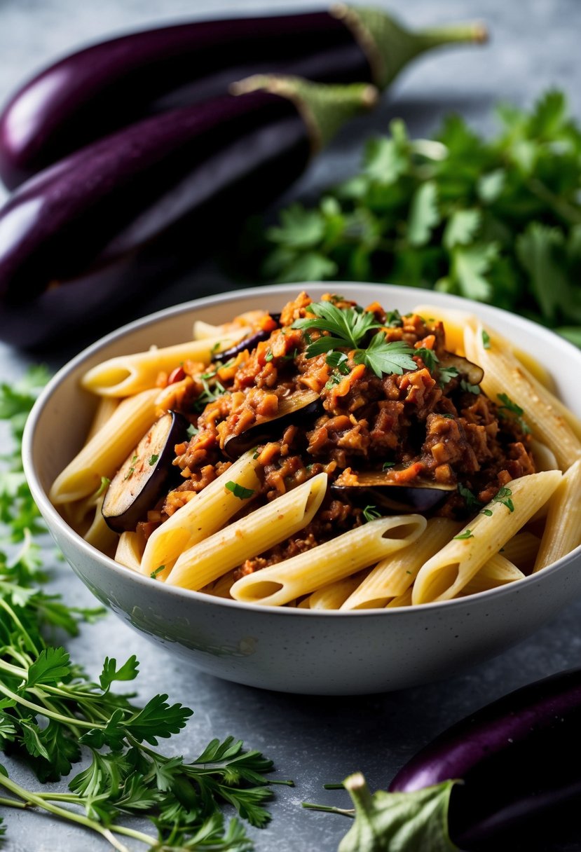 A steaming bowl of penne pasta topped with rich eggplant ragu, surrounded by fresh eggplants and herbs