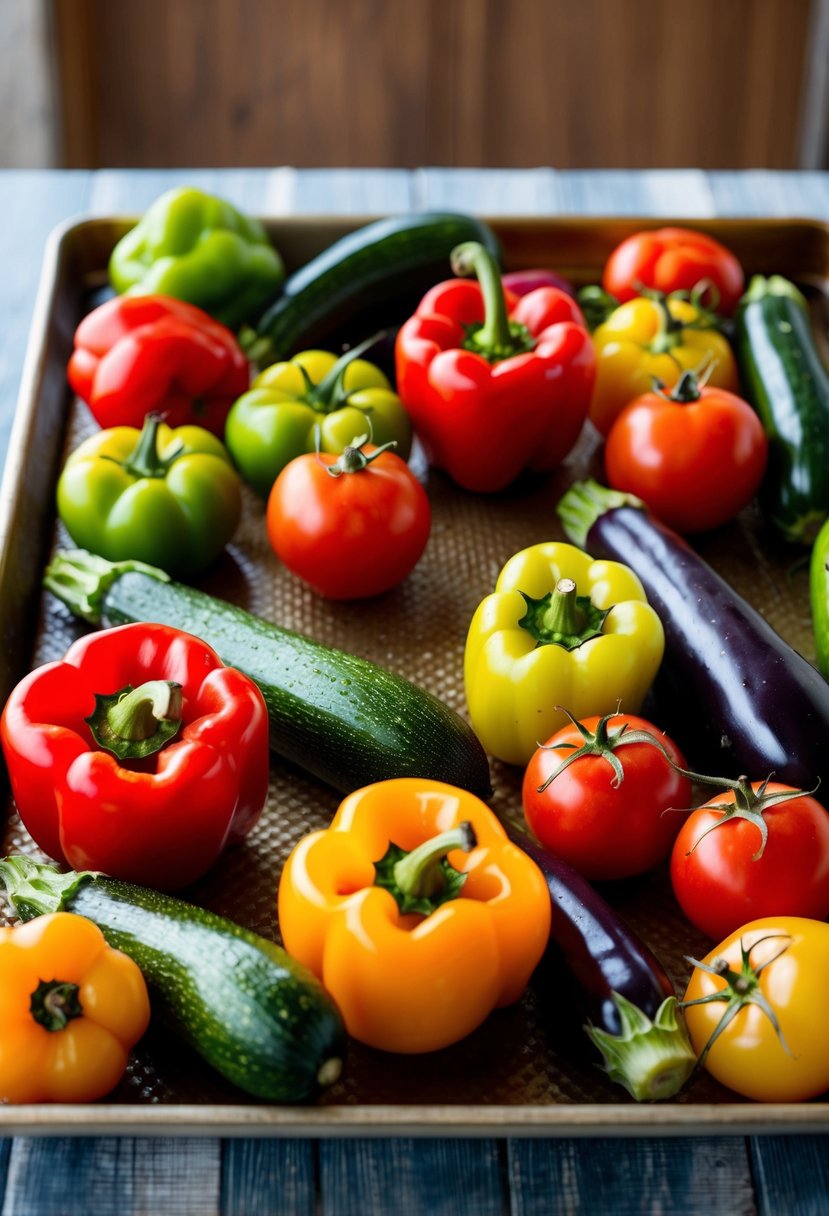 A colorful array of Mediterranean vegetables, including bell peppers, zucchini, eggplant, and tomatoes, are arranged on a baking sheet ready for roasting