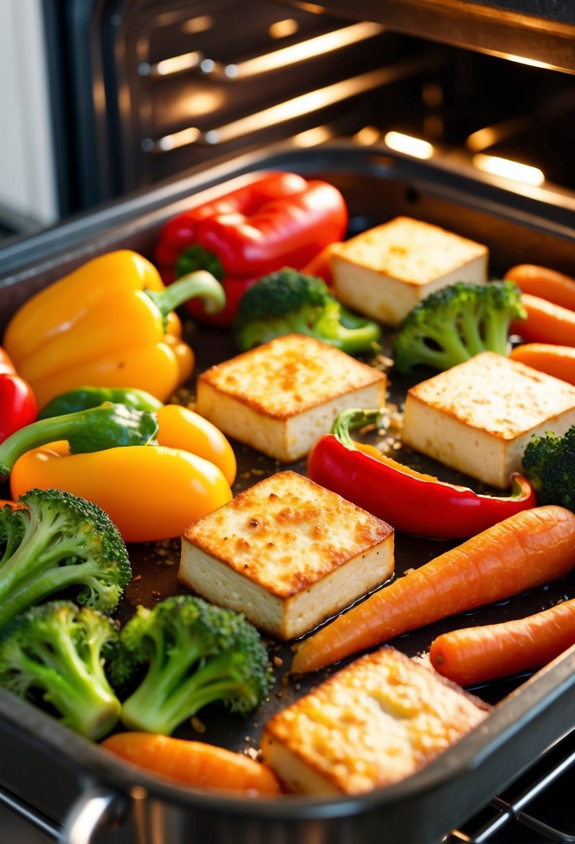 A colorful array of baked tofu, bell peppers, broccoli, and carrots sizzling in the oven