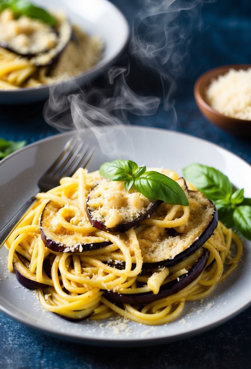 A steaming plate of eggplant parmesan pasta topped with fresh basil