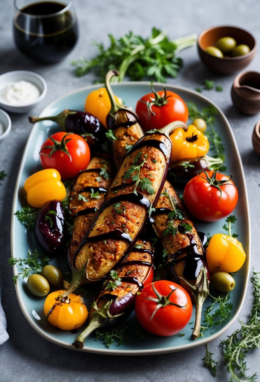 A platter of roasted eggplant, tomatoes, and bell peppers drizzled with balsamic glaze, surrounded by fresh herbs and olives