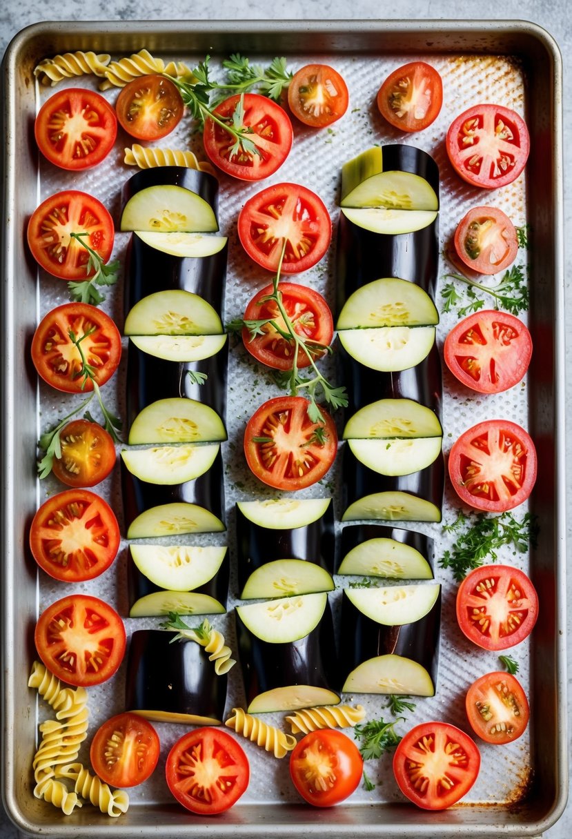 Sliced eggplant and tomatoes arranged on a baking sheet with pasta and herbs