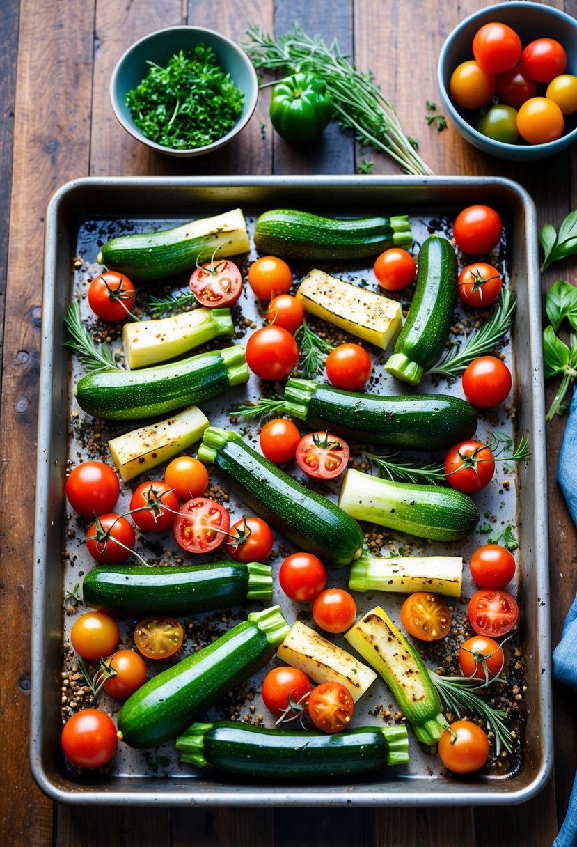 A colorful array of zucchini, tomatoes, and herbs on a rustic baking tray. The vegetables are surrounded by Mediterranean spices and ready for roasting