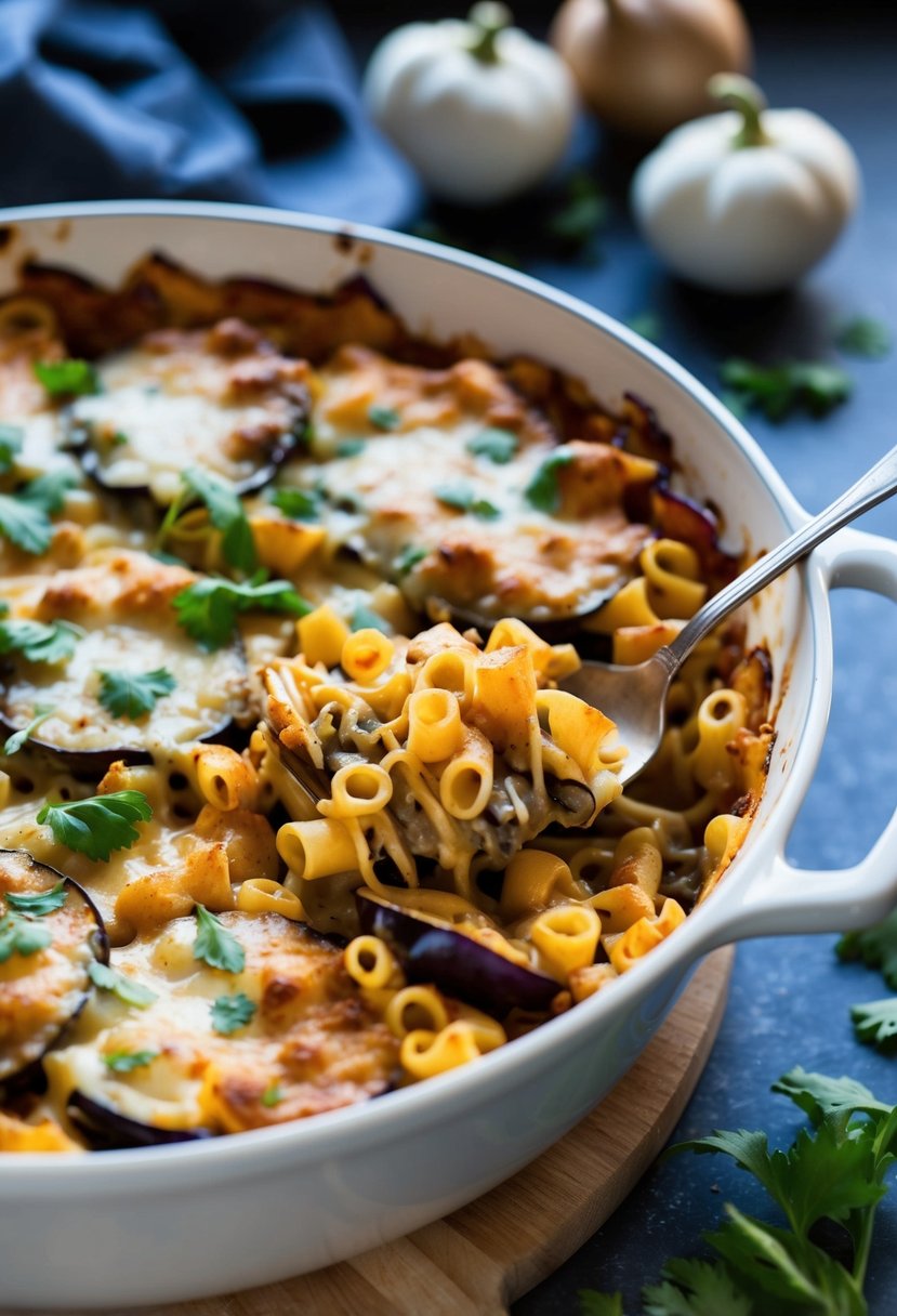 A bubbling casserole dish filled with layers of tender eggplant, al dente pasta, and gooey melted cheese