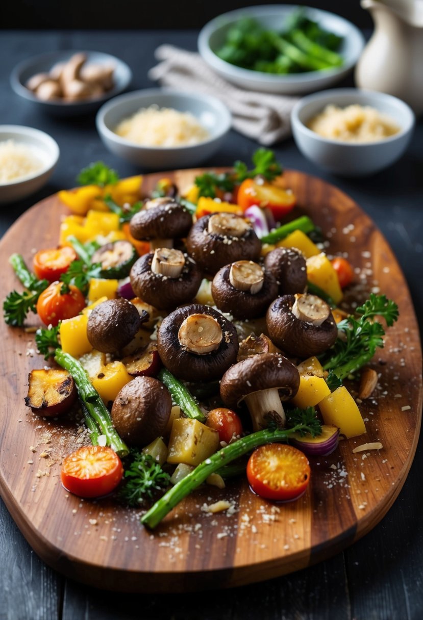 A platter of roasted mushrooms and colorful Mediterranean vegetables, sprinkled with garlic and Parmesan, sizzling on a wooden serving board