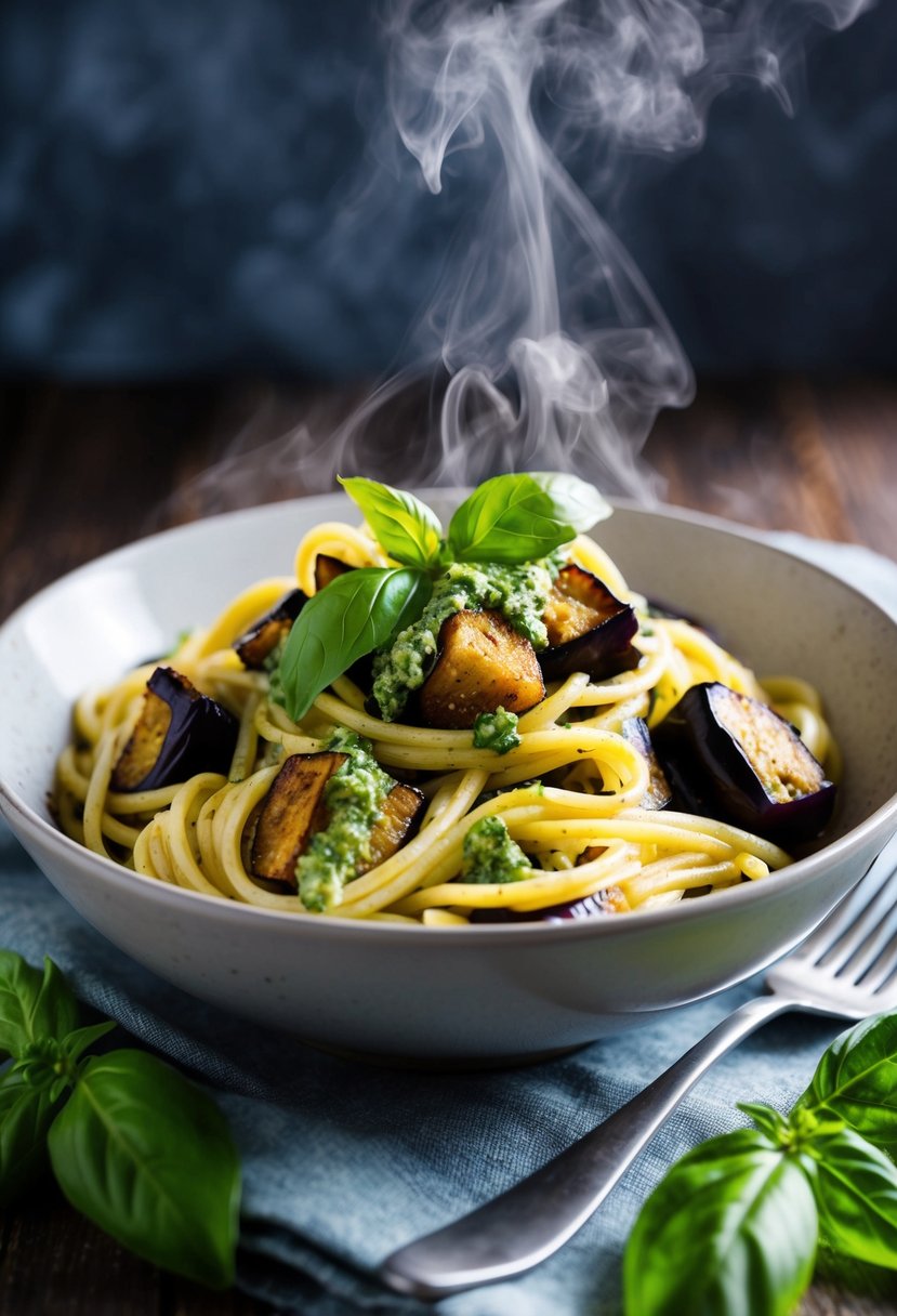 A steaming bowl of pasta with chunks of roasted eggplant and vibrant basil pesto, garnished with fresh basil leaves