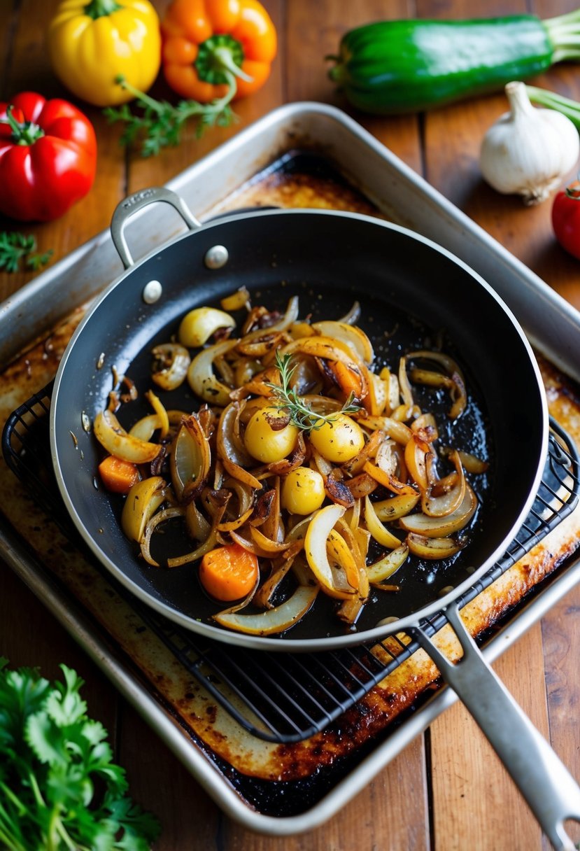 A skillet sizzling with caramelized onions, surrounded by colorful Mediterranean vegetables on a roasting tray