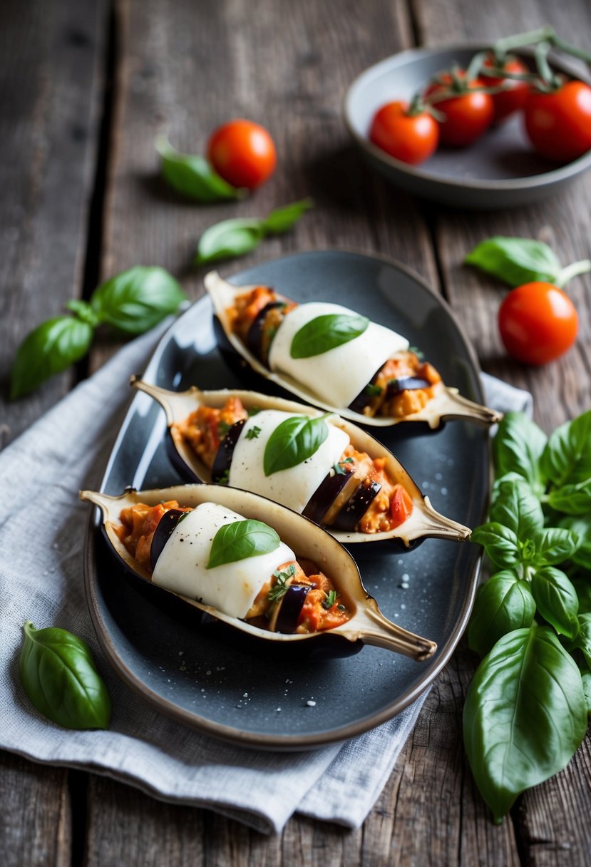 Eggplant and mozzarella stuffed shells arranged on a rustic wooden table with fresh basil and tomatoes scattered around