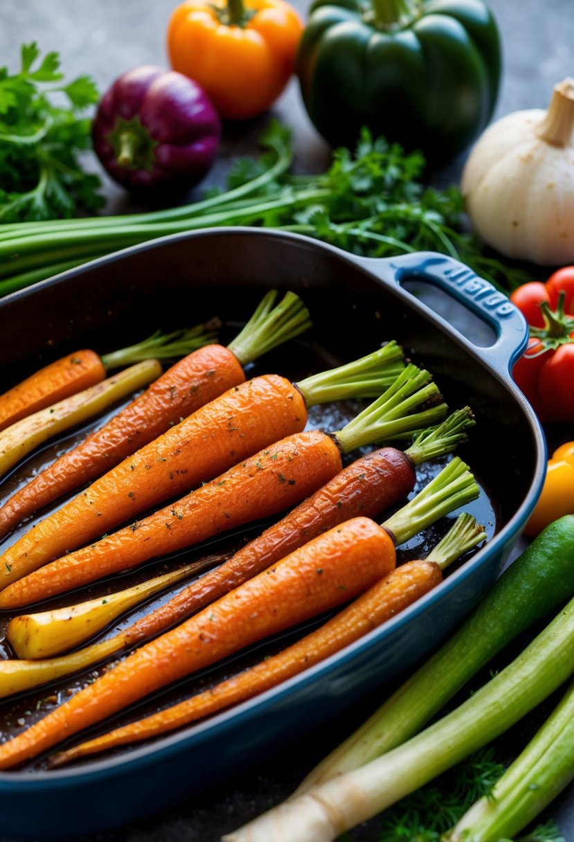 A baking dish filled with honey roasted carrots and parsnips, surrounded by colorful Mediterranean vegetables