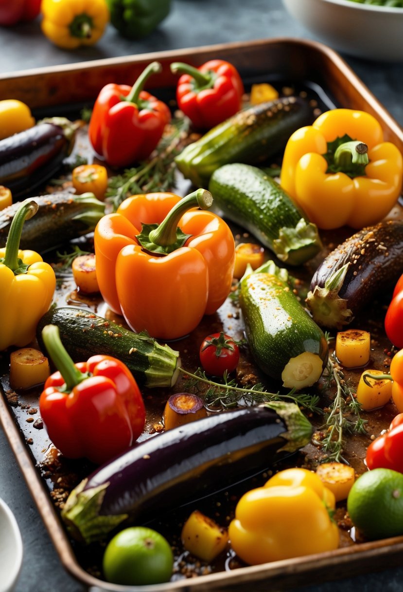 A colorful array of bell peppers, zucchini, and eggplant sizzle on a roasting tray, infused with the aroma of fresh thyme and Mediterranean spices