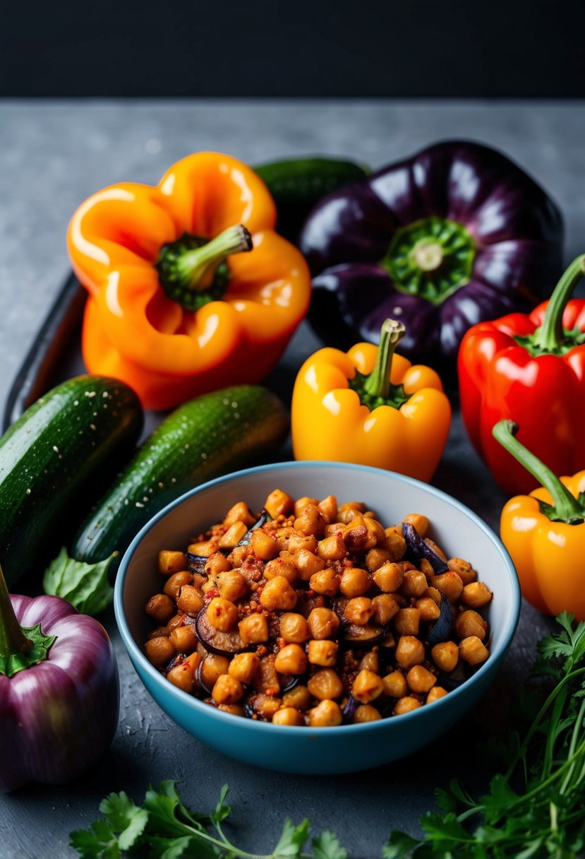 A colorful array of roasted vegetables, including bell peppers, zucchini, and eggplant, surround a bowl of chili spiced chickpeas