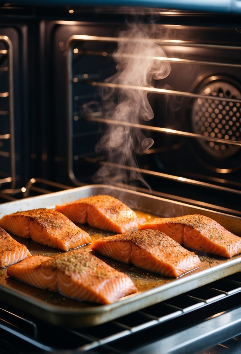 Salmon fillets seasoned with paleo spices, placed on a baking tray in an oven. Steam rising as they cook to perfection