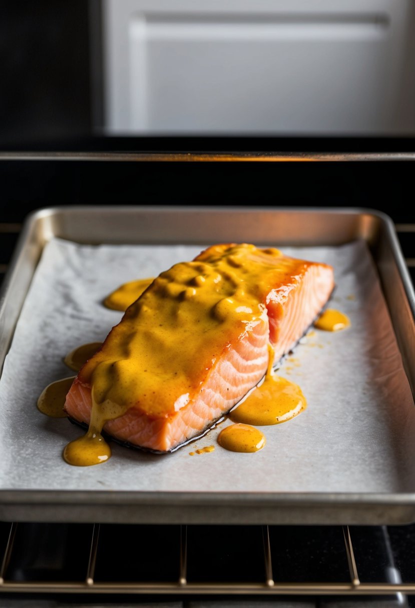 A fillet of salmon coated in honey mustard glaze, baking in the oven on a lined sheet pan