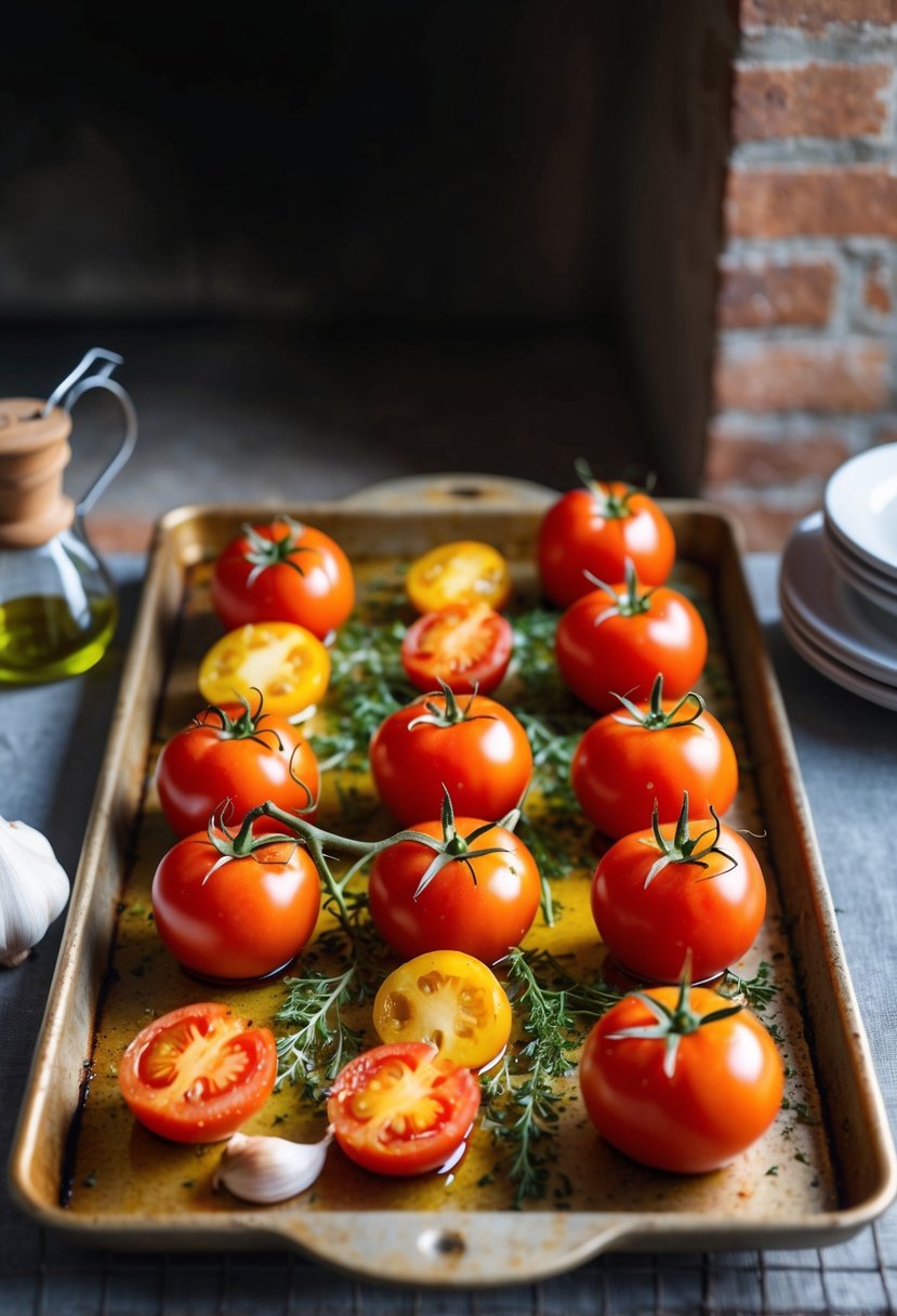 Sun-drenched vine-ripened tomatoes, garlic, and herbs on a rustic baking tray. Olive oil glistens as they roast in a Provençal oven