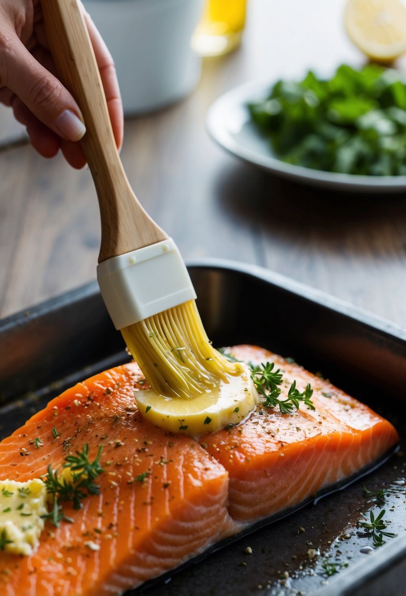 A fresh salmon fillet is being brushed with garlic butter and sprinkled with herbs before being placed in the oven to bake