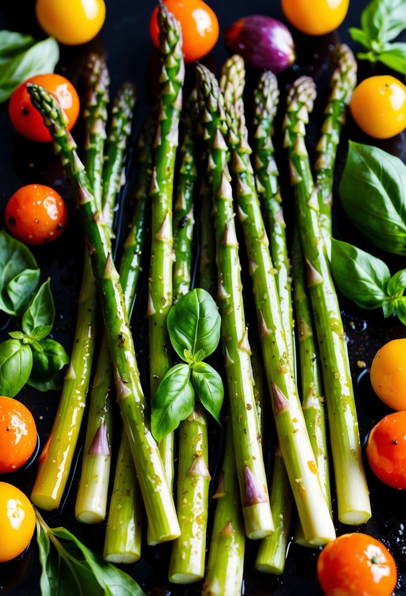 Fresh asparagus spears coated in olive oil and basil, surrounded by colorful Mediterranean roasted vegetables