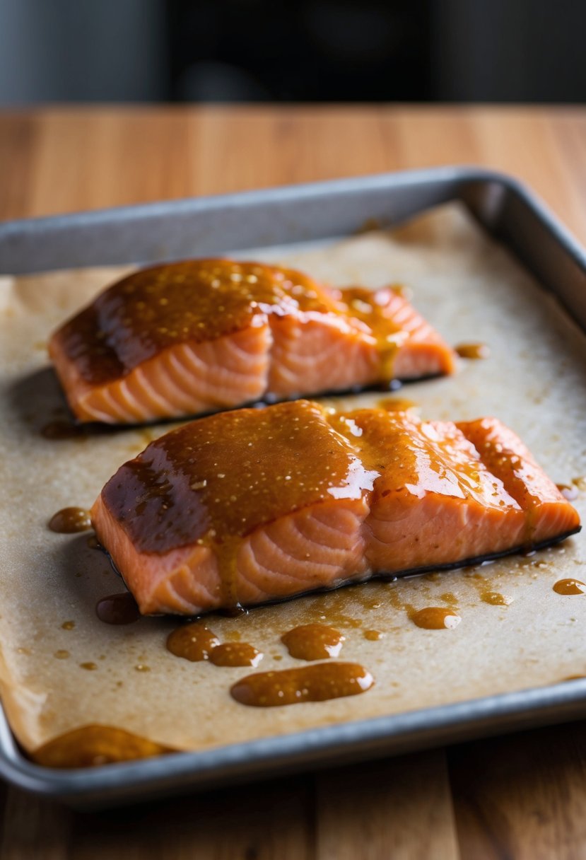 A piece of salmon covered in a maple Dijon glaze sits on a baking sheet, ready to be placed in the oven