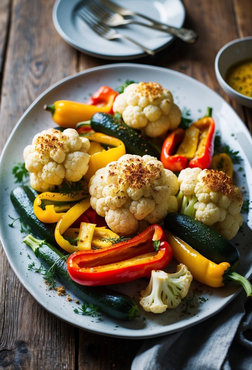 A platter of roasted cauliflower, bell peppers, and zucchini, dusted with sumac and herbs, sits on a rustic wooden table