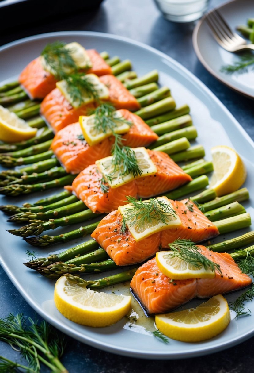 A platter of oven-baked salmon with asparagus, garnished with lemon and dill