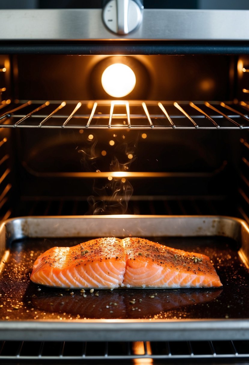 A seasoned salmon fillet sizzling on a baking tray in the oven