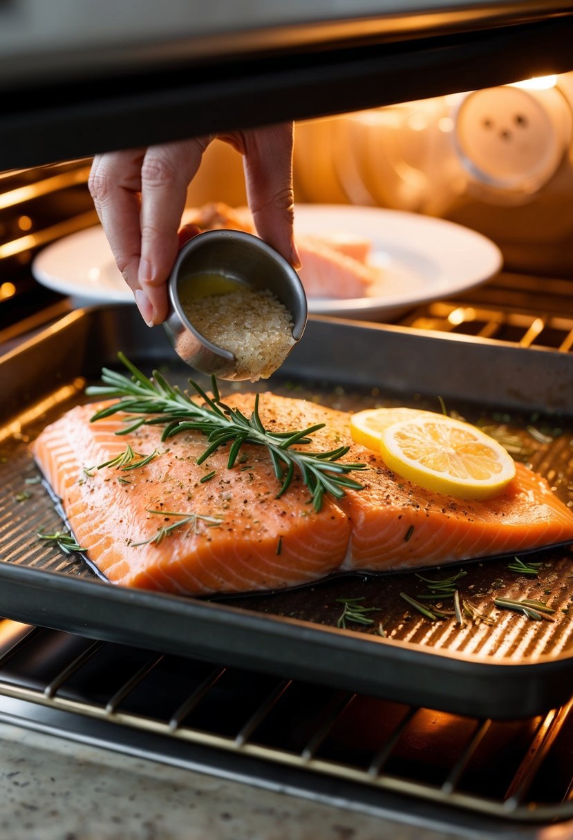 A fillet of salmon is being seasoned with rosemary and lemon before being placed in the oven to bake