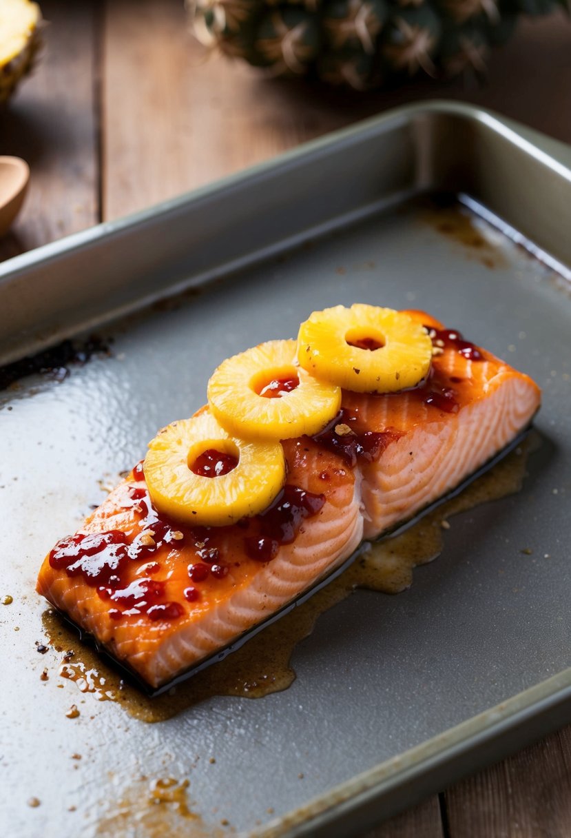 A piece of teriyaki baked salmon topped with pineapple slices, sitting on a paleo oven tray