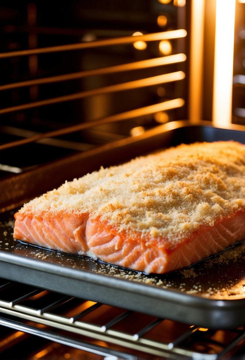 A salmon fillet coated in parmesan crust, baking in the oven