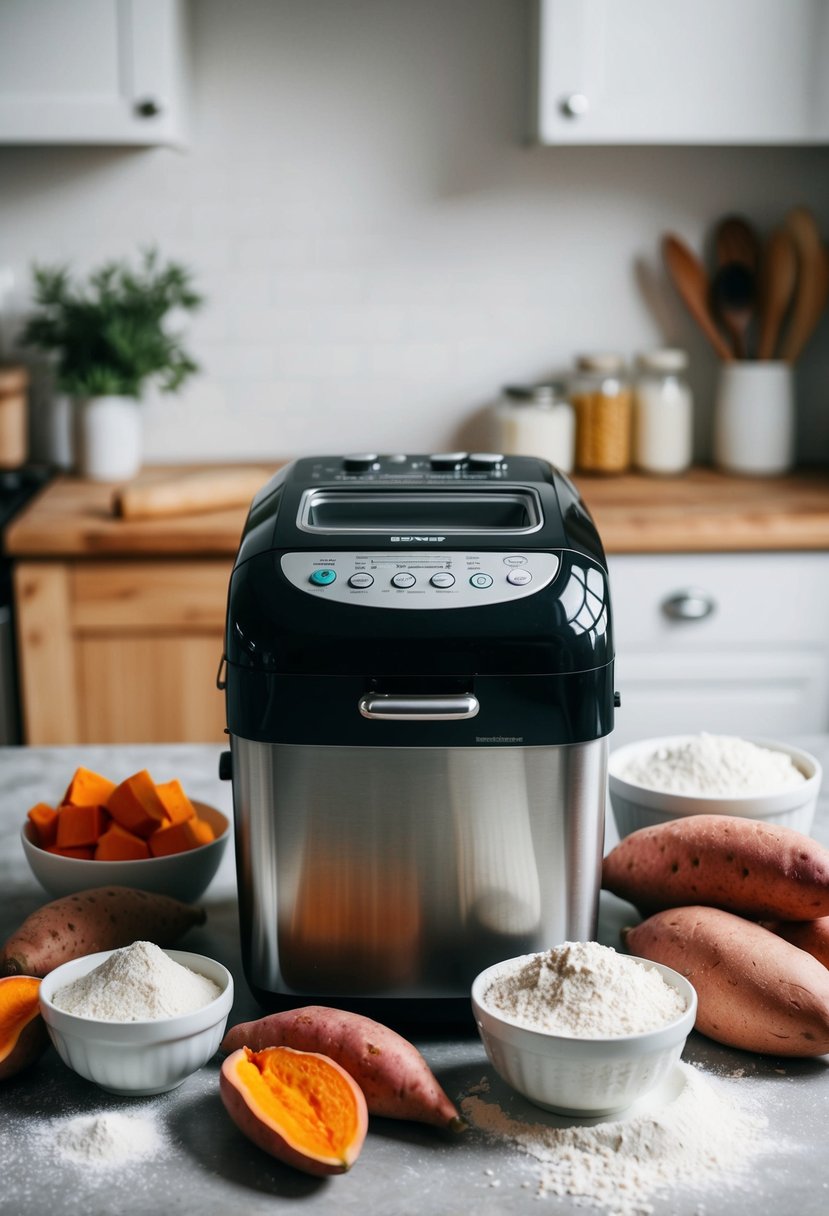 A bread machine surrounded by sweet potatoes, flour, and other baking ingredients on a kitchen counter