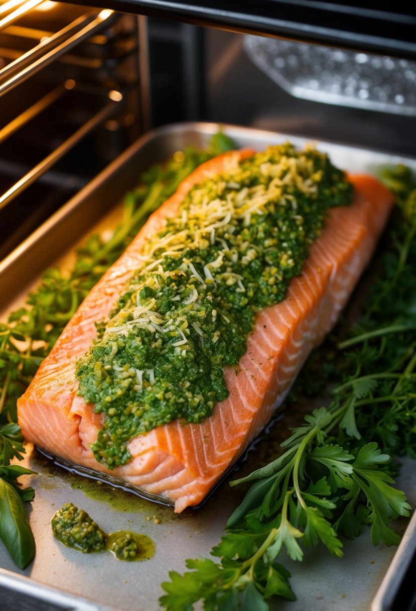 A whole salmon fillet stuffed with pesto, surrounded by fresh herbs, and baking in the oven