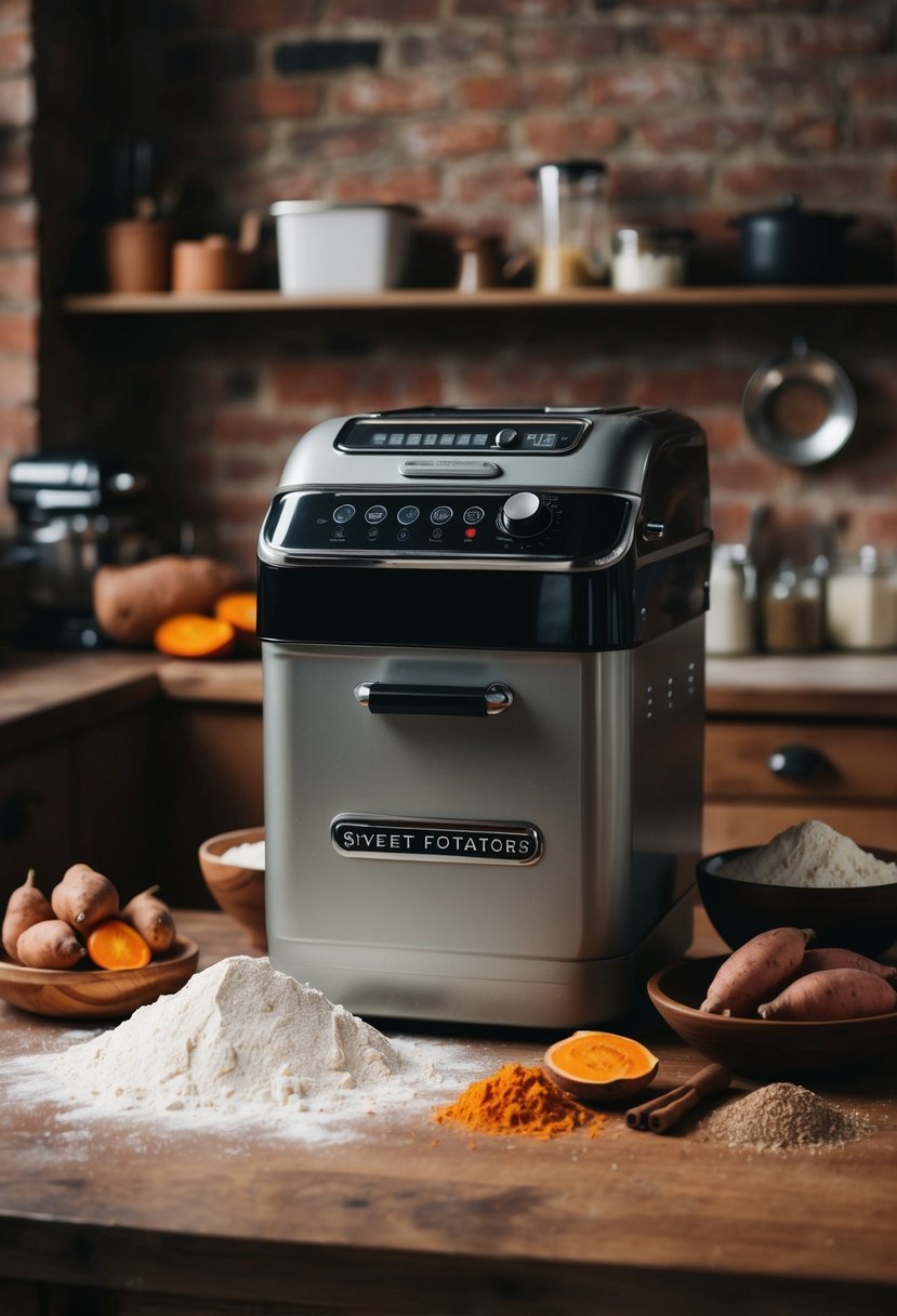 A vintage-style bread machine surrounded by sweet potatoes, flour, and spices on a rustic kitchen counter