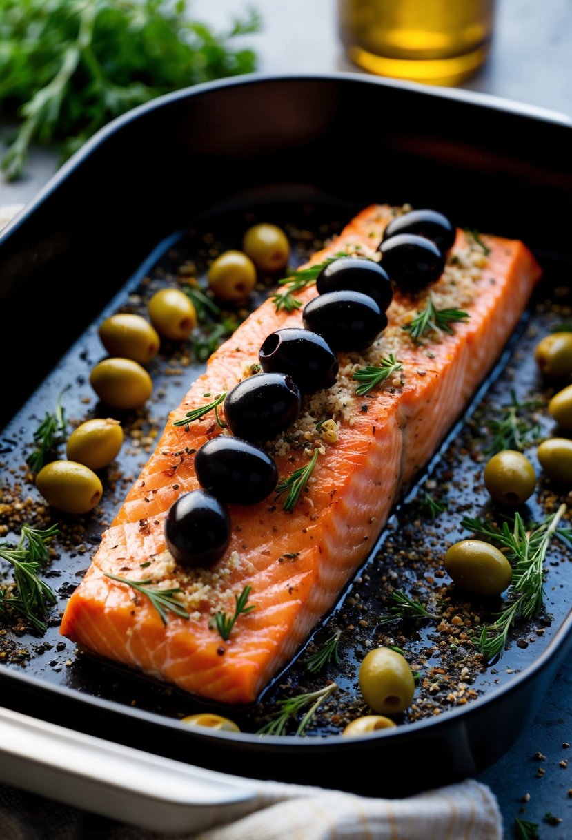 A fillet of salmon topped with olives, baked in the oven, surrounded by Mediterranean herbs and spices