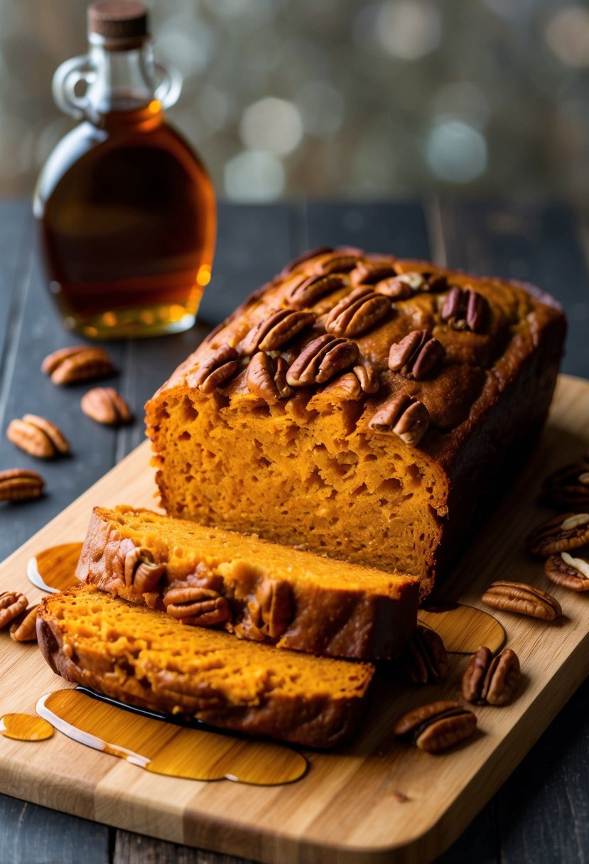 A loaf of maple pecan sweet potato bread sits on a wooden cutting board, surrounded by scattered pecans and a drizzle of maple syrup