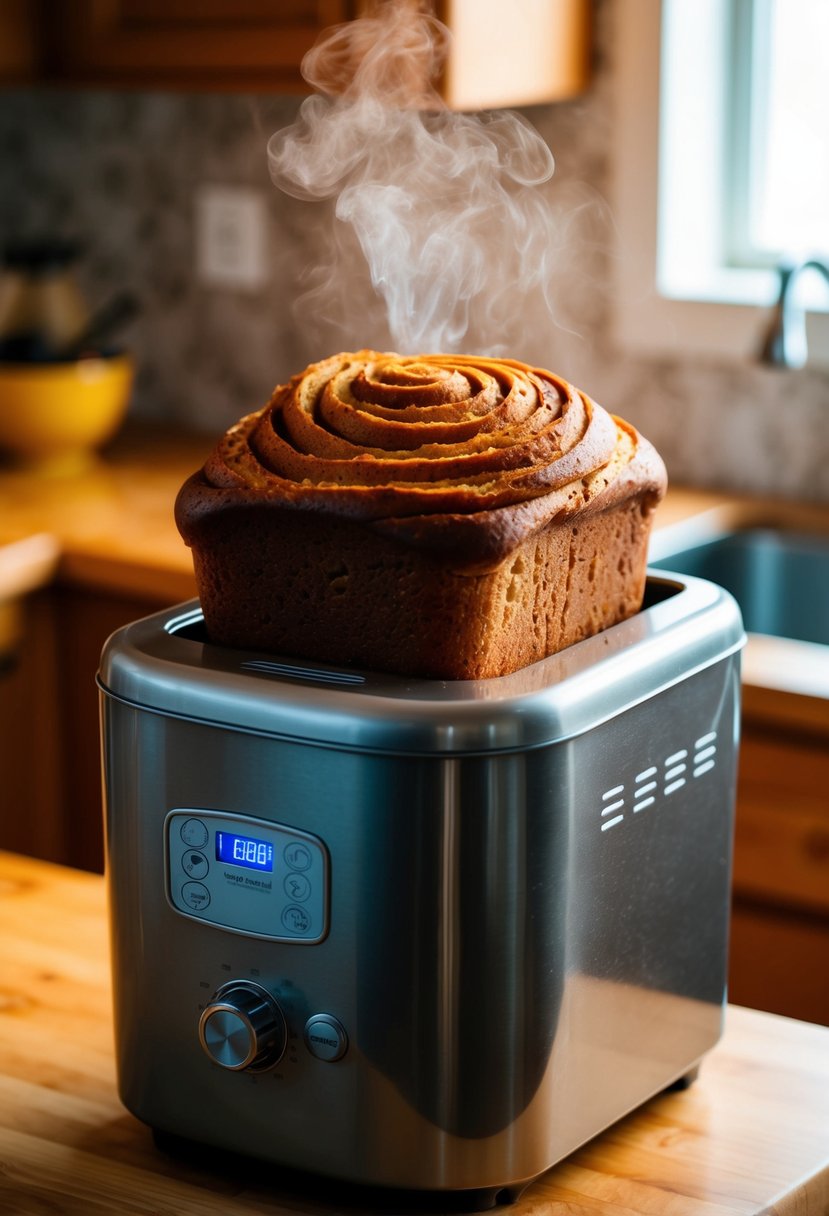 A warm loaf of cinnamon swirl sweet potato bread rises in a bread machine, filling the kitchen with a sweet, comforting aroma