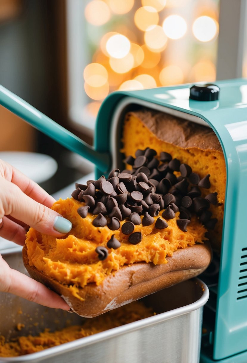 A sweet potato bread machine mixing chocolate chips into the batter