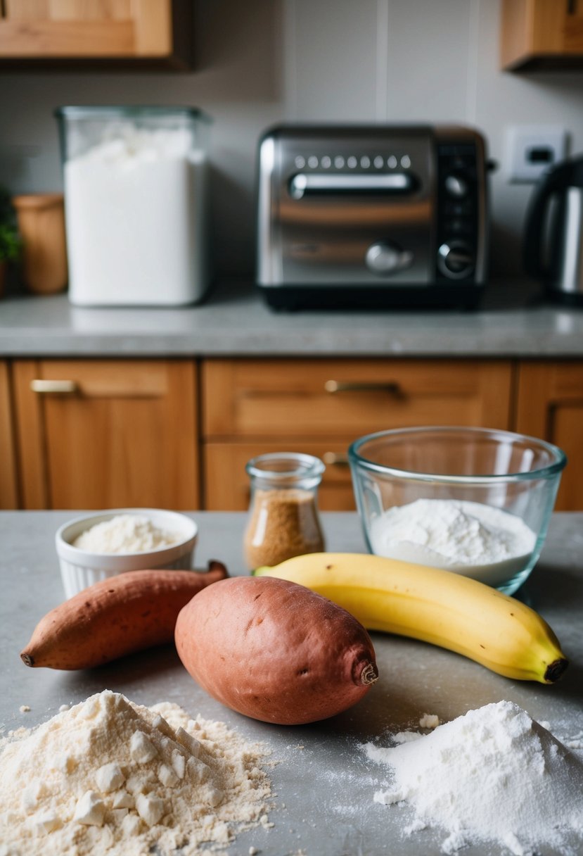 A sweet potato and banana sit on a kitchen counter surrounded by flour, sugar, and a bread machine