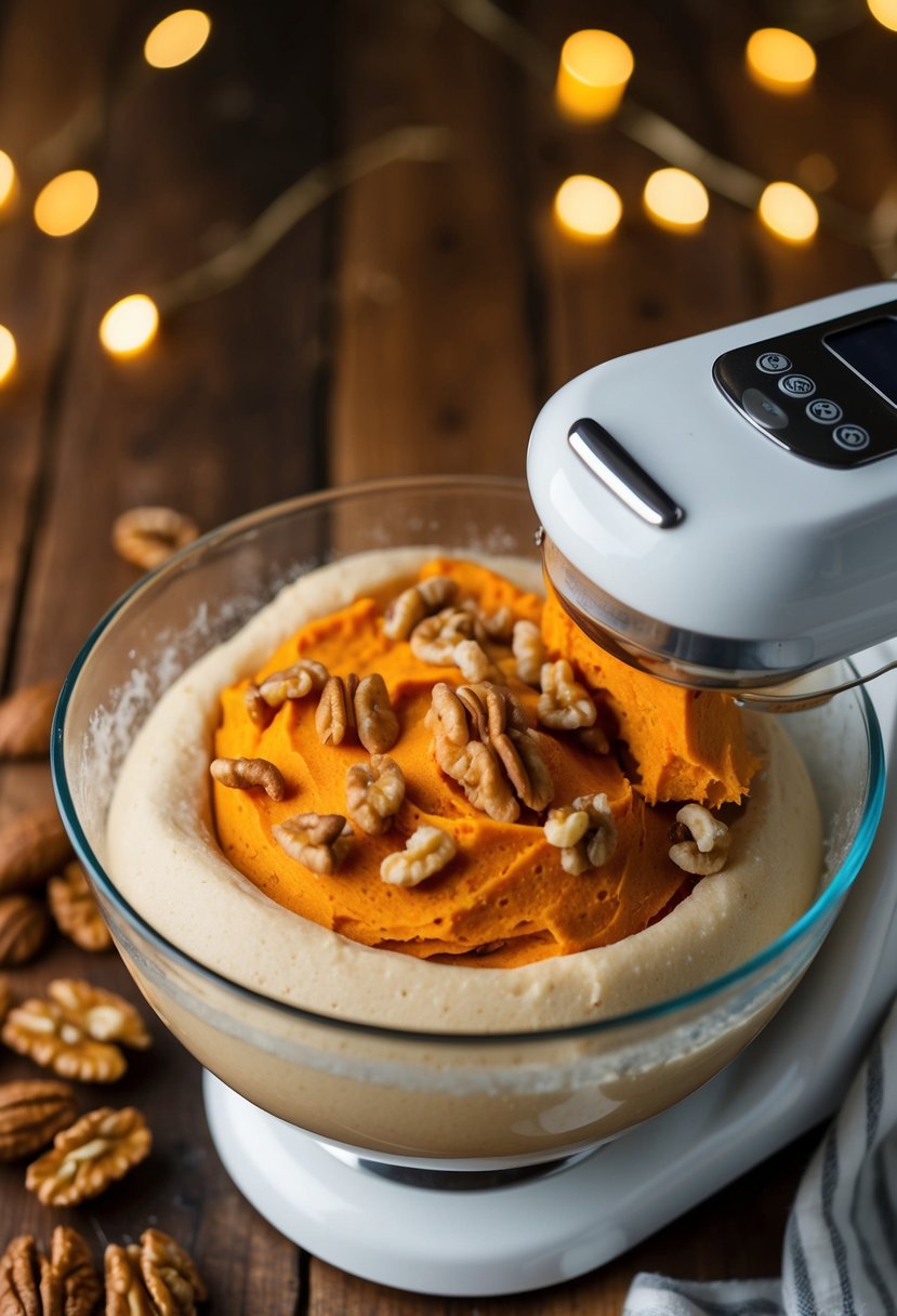 A sweet potato bread machine mixing dough with walnuts