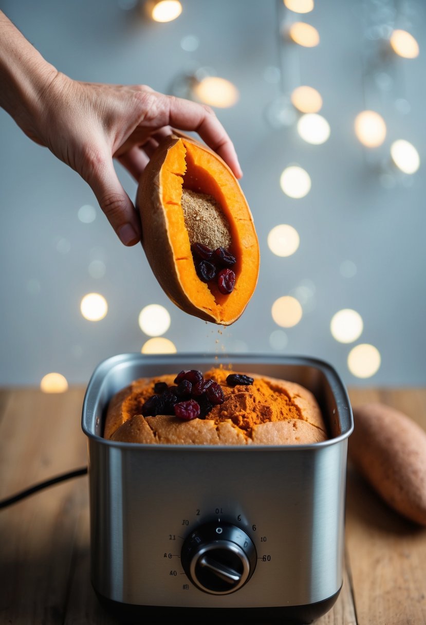 A sweet potato, raisins, and spices are being added to a bread machine to make spiced sweet potato raisin bread