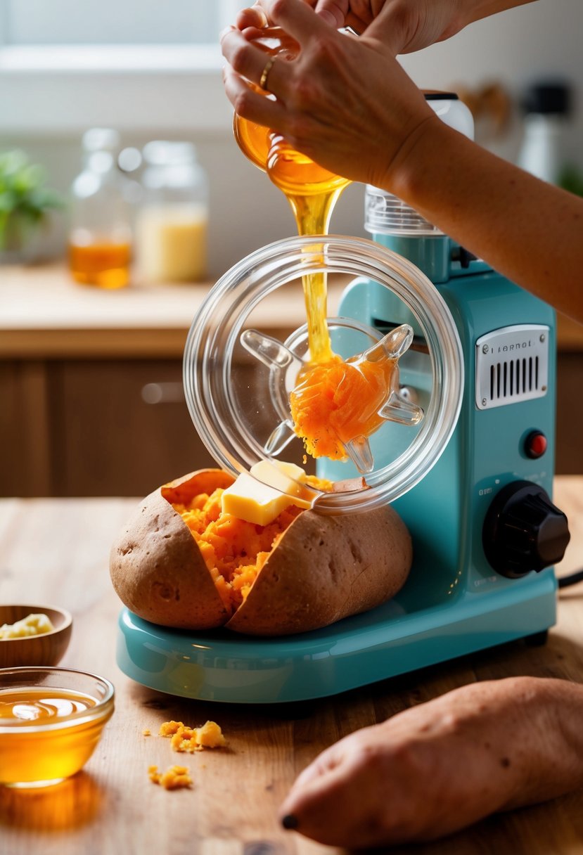 A sweet potato bread machine mixing honey, butter, and sweet potatoes