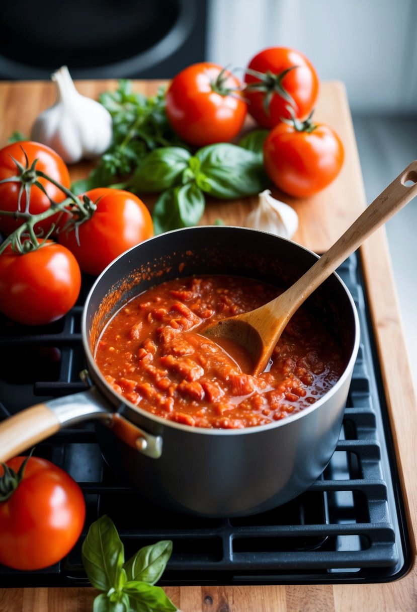 A pot of marinara sauce simmers on a stovetop, surrounded by fresh tomatoes, garlic, basil, and oregano. A wooden spoon stirs the rich, red sauce