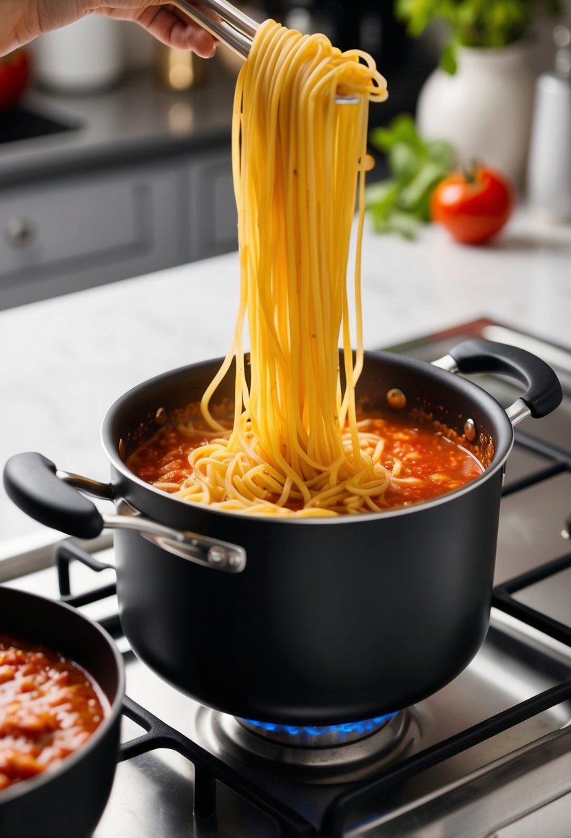 A pot of boiling pasta being stirred into marinara sauce in a kitchen