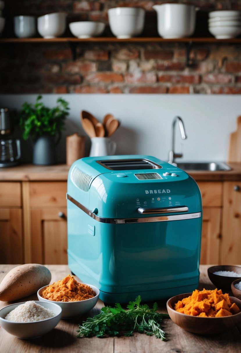 A rustic kitchen with a bread machine surrounded by savory sweet potato herb bread ingredients