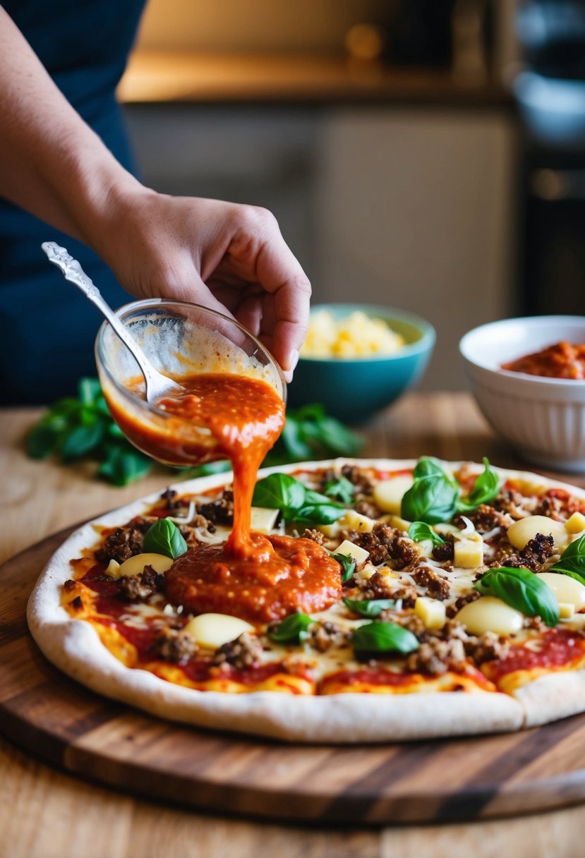 A pizza being topped with marinara sauce and various ingredients on a wooden cutting board