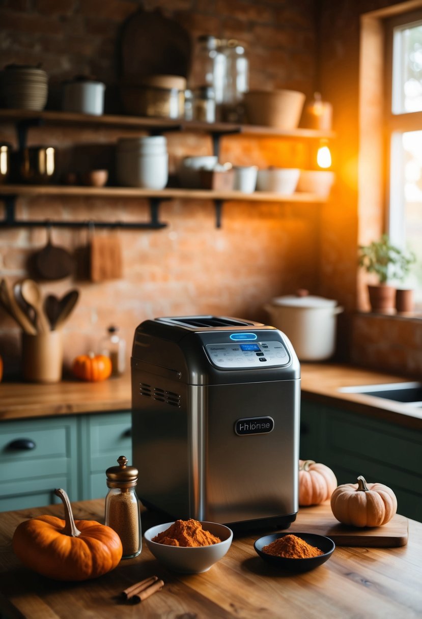 A rustic kitchen with a warm, golden glow. A bread machine sits on the counter, surrounded by ingredients like sweet potatoes and pumpkin spice